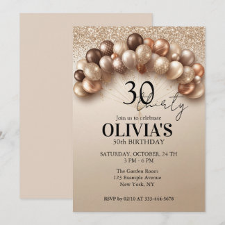 Invitación Globos de Champagne Dorados con Brillo Cumpleaños