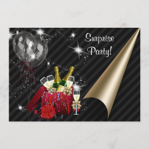 Invitación Globos de Champagne Negros Sorpresa Fiesta de Cump