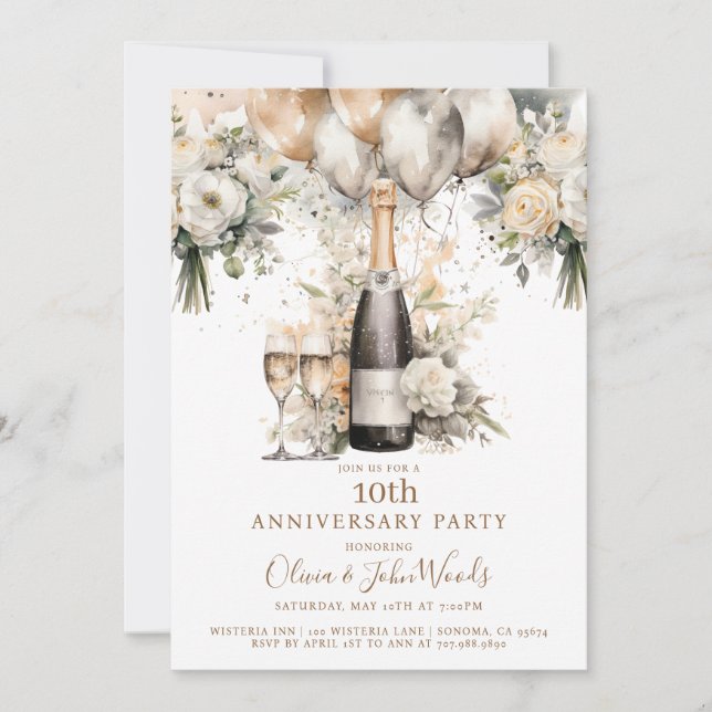 Invitación Globos de champán para fiesta elegante de aniversa (Anverso)