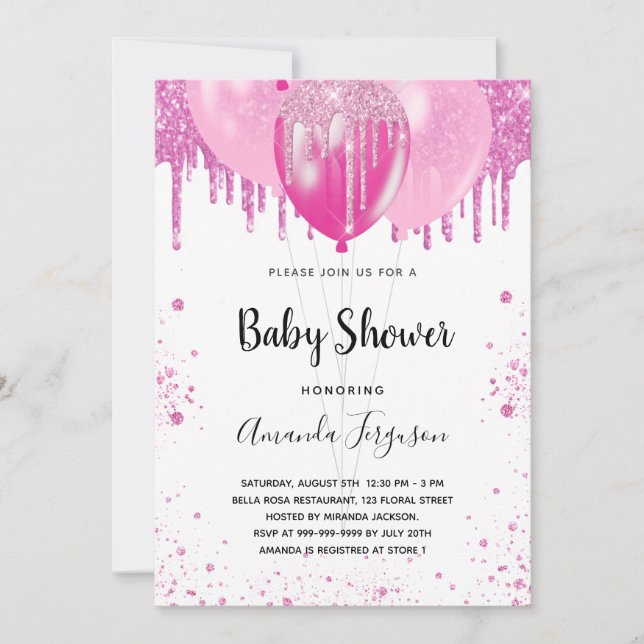 Invitación Globos de chica purpurina rosa de Baby Shower (Anverso)
