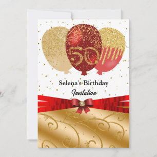 Invitación Globos de cinta de seda para el 50 cumpleaños Red