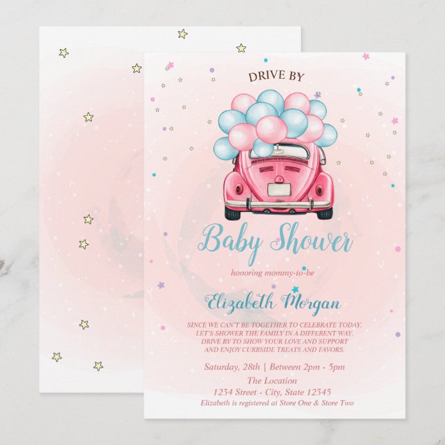 Invitación Globos De Coche Con Baby Shower (Anverso / Reverso)