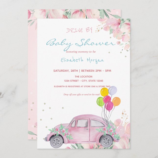 Invitación Globos De Coche Estrellas La Carrera Floral De Bab (Anverso / Reverso)