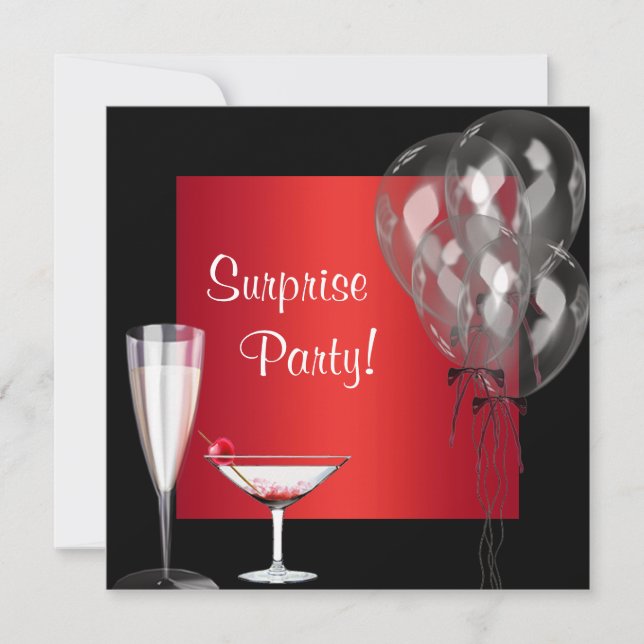 Invitación Globos de Cóctel Rojo Sorpresa Fiesta de Cumpleaño (Anverso)