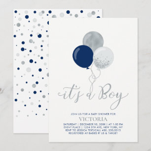 Invitación Globos de color Navy y Plata   Es una ducha de beb