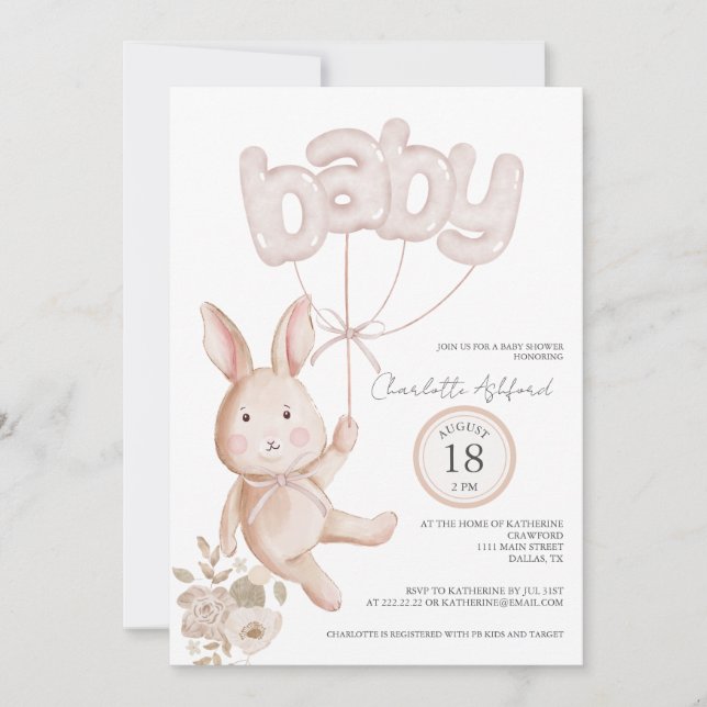 Invitación Globos de conejito acuarela boho neutral fiesta de (Anverso)