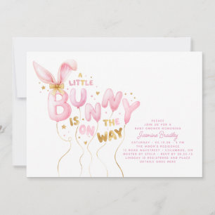 Invitación Globos de conejito rosa y dorado para baby shower 