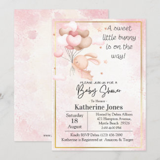 Invitación Globos de conejo conejo de color rosa acuarela Bab