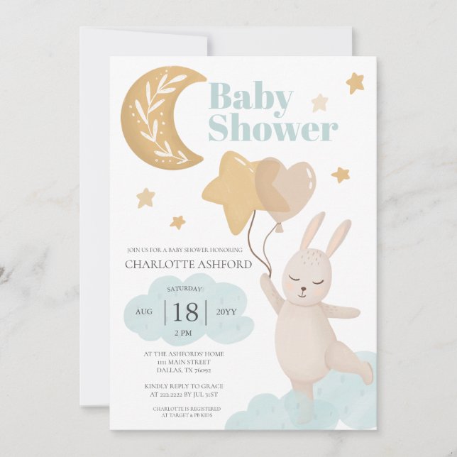 Invitación Globos de conejo de luna Celebración de bebé neutr (Anverso)