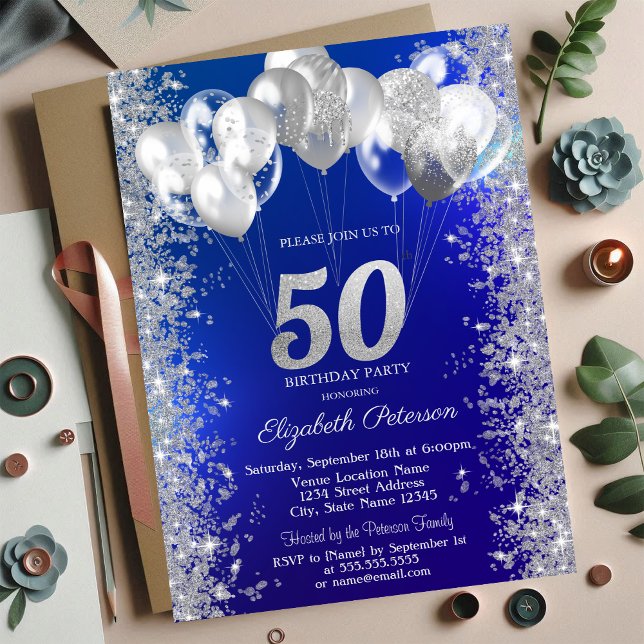 Invitación Globos de Confeti Brillante Azul Marino Cumpleaños (Subido por el creador)