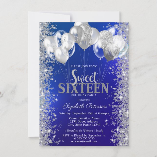 Invitación Globos de Confeti Brillante Azul Marino Dulces 16 (Anverso)