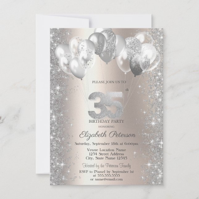 Invitación Globos de Confeti Brillante Champán Cumpleaños 35 (Anverso)