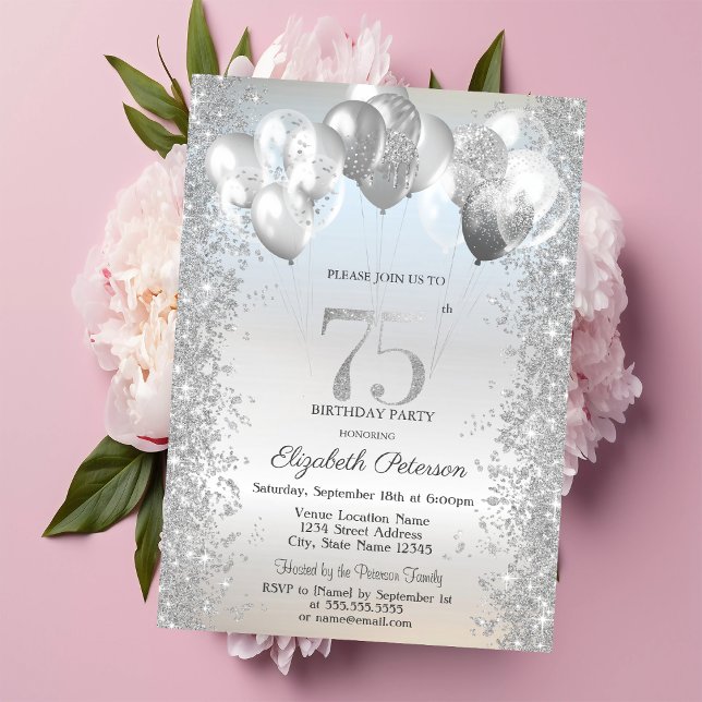 Invitación Globos de Confeti Brillante de Plata Cumpleaños 75 (Subido por el creador)