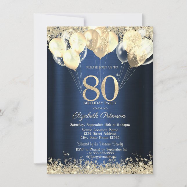 Invitación Globos de Confeti Brillante Dorado Azul 80º  (Anverso)