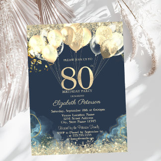 Invitación Globos de Confeti Brillante Dorado Cumpleaños 80 A