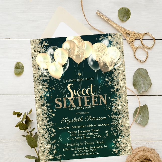 Invitación Globos de Confeti Brillante Dorado Dulces 16 Verde (Subido por el creador)