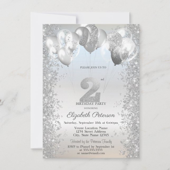 Invitación Globos de Confeti Brillantes de Plata Cumpleaños 2 (Anverso)