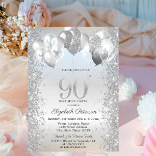 Invitación Globos de Confeti Brillantes de Plata Cumpleaños 9