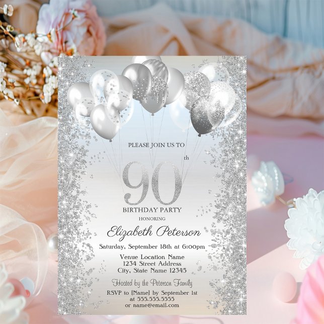 Invitación Globos de Confeti Brillantes de Plata Cumpleaños 9 (Subido por el creador)