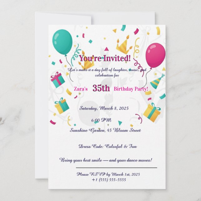 Invitación Globos de Confeti Coloridos Diversión 35º  (Anverso)