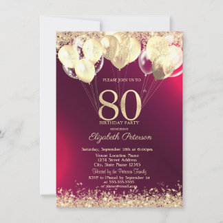 Invitación Globos de Confeti con Brillo Dorado Cumpleaños 80