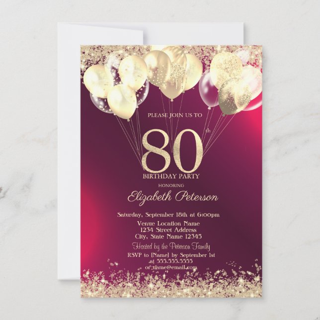 Invitación Globos de Confeti con Brillo Dorado Cumpleaños 80  (Anverso)