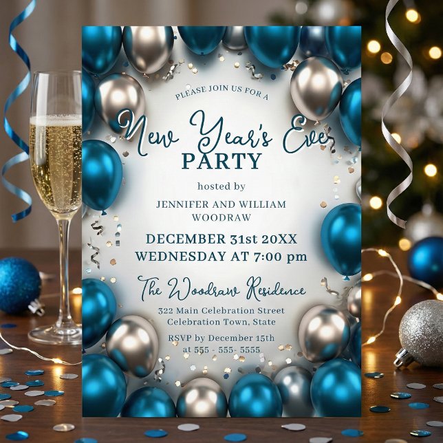 Invitación Globos de Confeti de Año Nuevo Azul Teal Plateado (Subido por el creador)