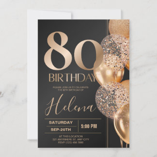 Invitación Globos de Confeti de Cumpleaños 80 Glam Black Gold