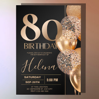 Invitación Globos de Confeti de Cumpleaños 80 Glam Black Gold