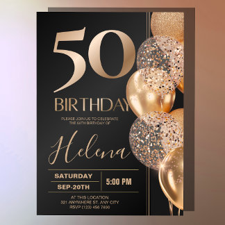 Invitación Globos de Confeti de Cumpleaños de Oro Negro 50