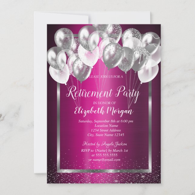 Invitación Globos de confeti de marco de plata Jubilación púr (Anverso)