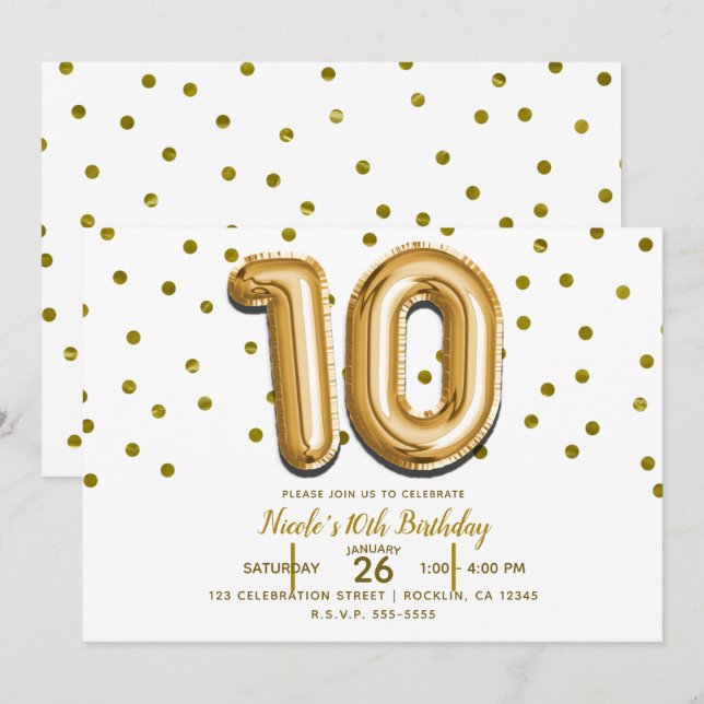 Invitación Globos de confeti de oro número 10 para cumpleaños (Anverso / Reverso)