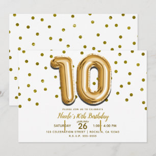 Invitación Globos de confeti de oro número 10 para cumpleaños