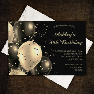 Invitación Globos de Confeti Dorado Vintage Cumpleaños 50