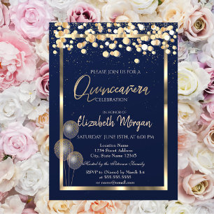 Invitación Globos de confeti elegantes azul marino Quinceañer
