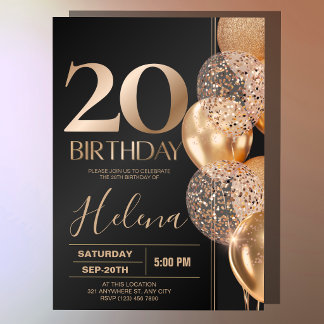 Invitación Globos de confeti glamurosos para el 20 cumpleaños