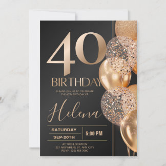 Invitación Globos de confeti glamurosos para el 40 cumpleaños