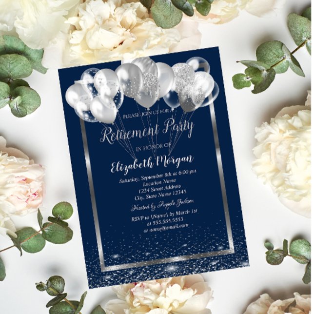 Invitación Globos de confeti Navy Marco Plateado Jubilación (Subido por el creador)