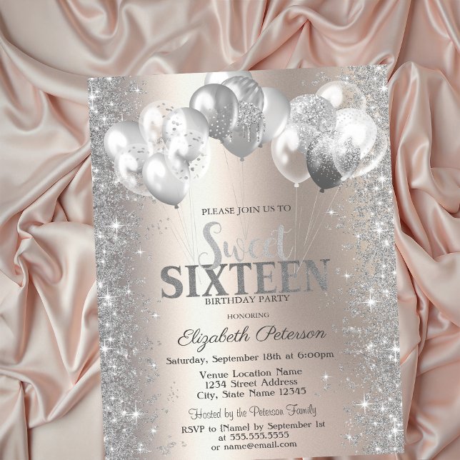 Invitación Globos de Confeti Plateados Champán Dulces 16 (Subido por el creador)