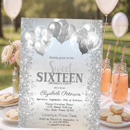 Invitación Globos de confeti plateados de moda Sweet 16