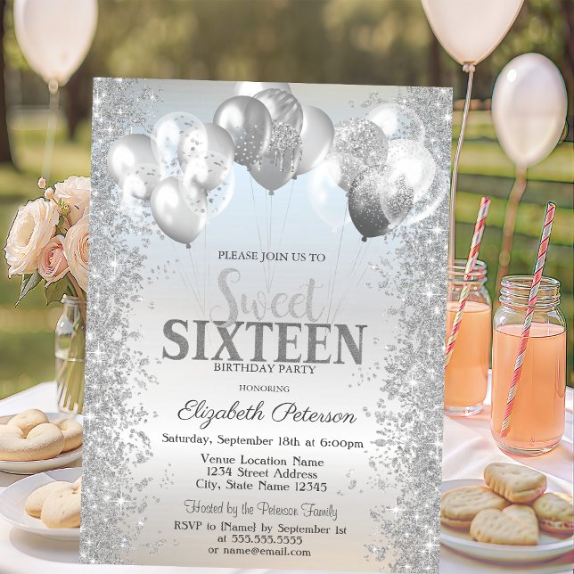 Invitación Globos de confeti plateados de moda Sweet 16 (Subido por el creador)
