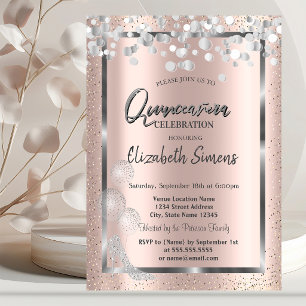 Invitación Globos de confeti plateados Quinceañera de oro ros