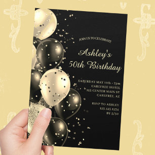 Invitación Globos de Confetti Negro y Oro 50 cumpleaños