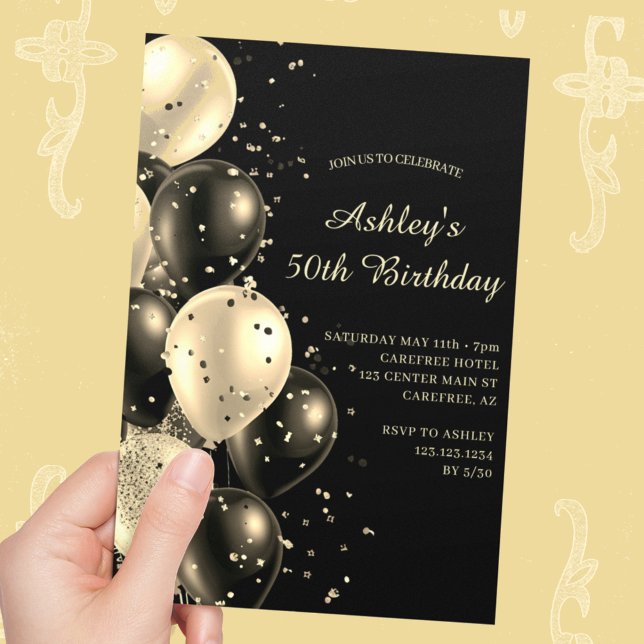 Invitación Globos de Confetti Negro y Oro 50 cumpleaños (Subido por el creador)