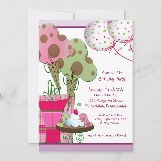 Invitación Globos de conos de helado niñas cumpleaños 4 (Anverso)