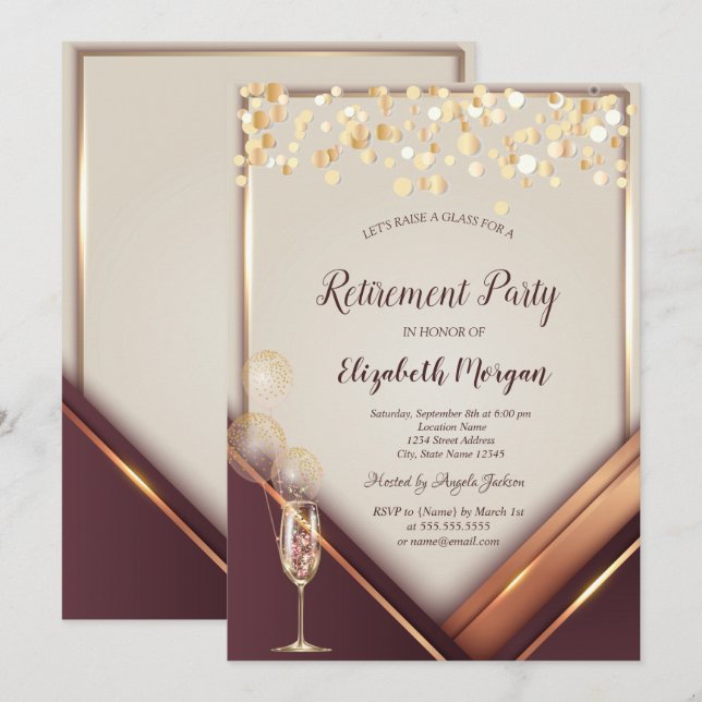 Invitación Globos de copa de champán Marco dorado Jubilación  (Anverso / Reverso)