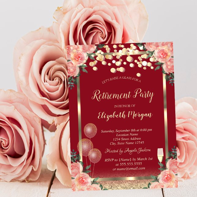 Invitación Globos de copa de vino brillo Rosas Rojas Jubilaci (Subido por el creador)
