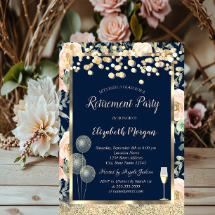 Invitación Globos de copa de vino dorado purpurina rosas jubi