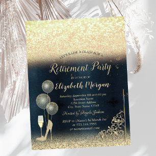 Invitación Globos de copa de vino dorados purpurina azul jubi