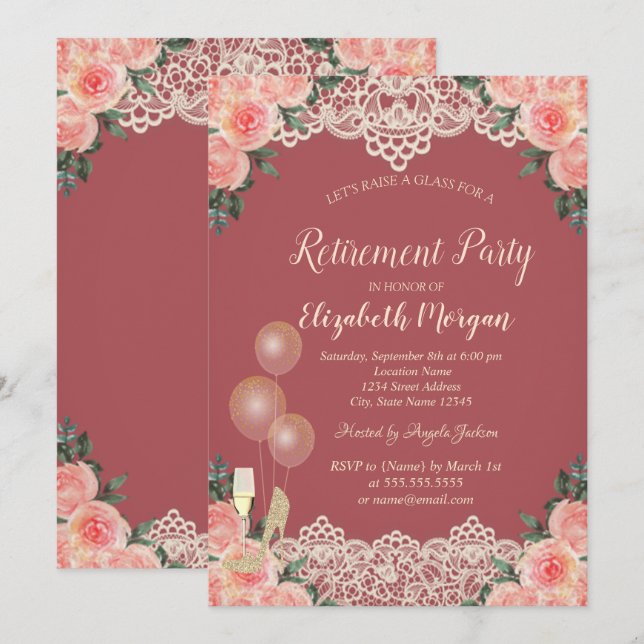 Invitación Globos de copa de vino encaje rosas rojas jubilaci (Anverso / Reverso)